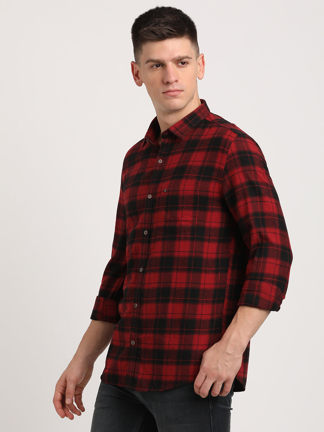 Cotton Lyocell Red Checkered Slim Fit Full Sleeve Casual Shirt