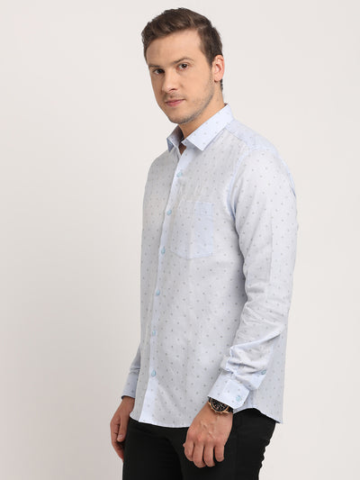 Cotton Linen Light Blue Printed Slim Fit Full Sleeve Formal Shirt