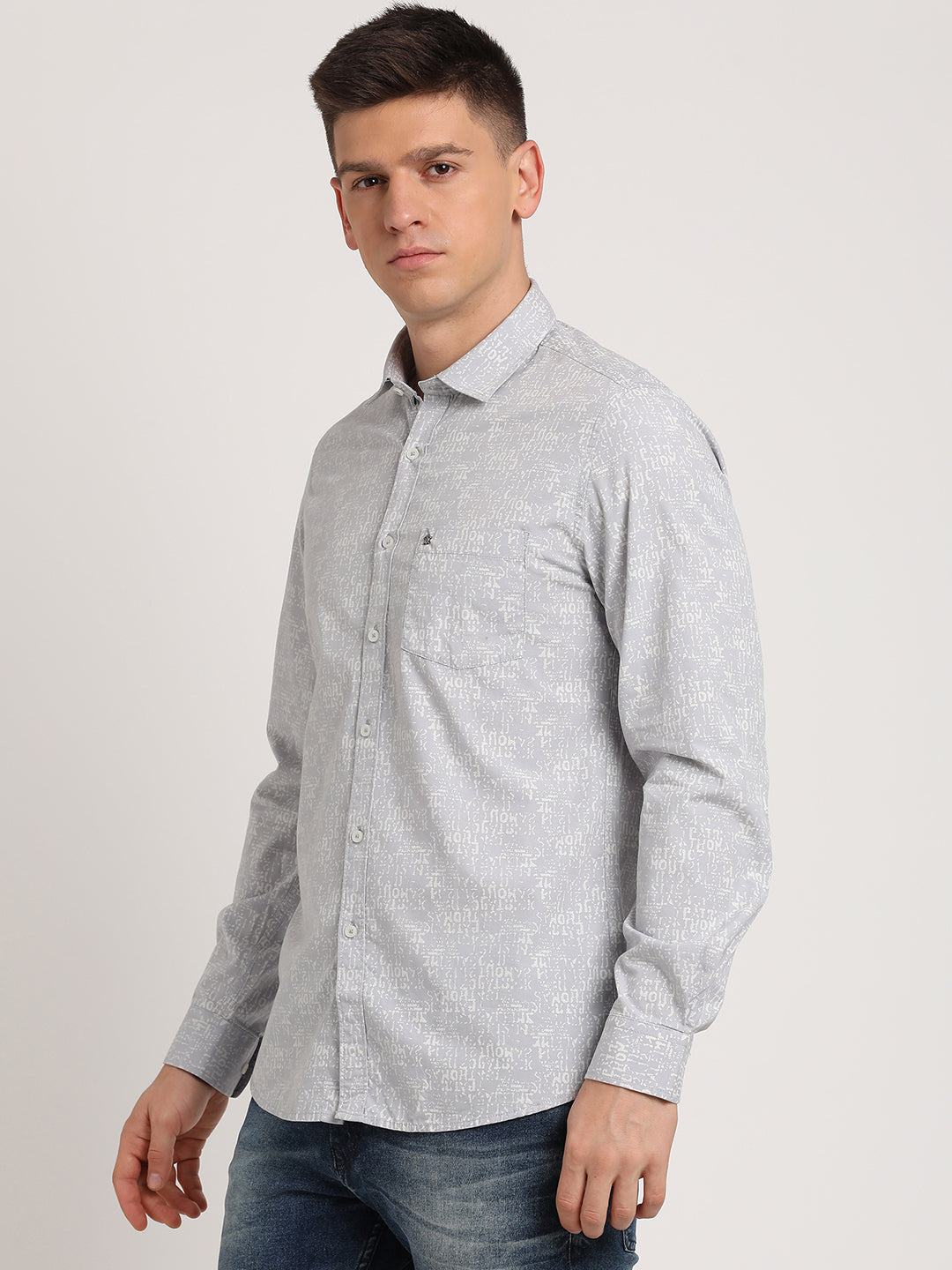 100% Cotton Grey Printed Slim Fit Full Sleeve Casual Shirt