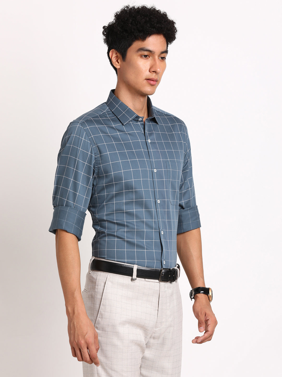 100% Cotton Dark Grey Checkered Slim Fit Full Sleeve Formal Shirt