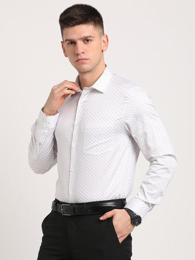 100% Cotton White Printed Slim Fit Full Sleeve Formal Shirt