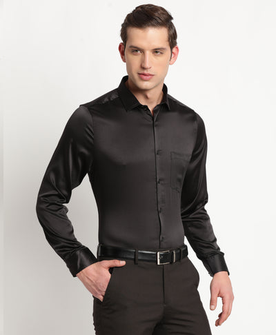 Poly Satin Black Plain Slim Fit Full Sleeve Ceremonial Shirt