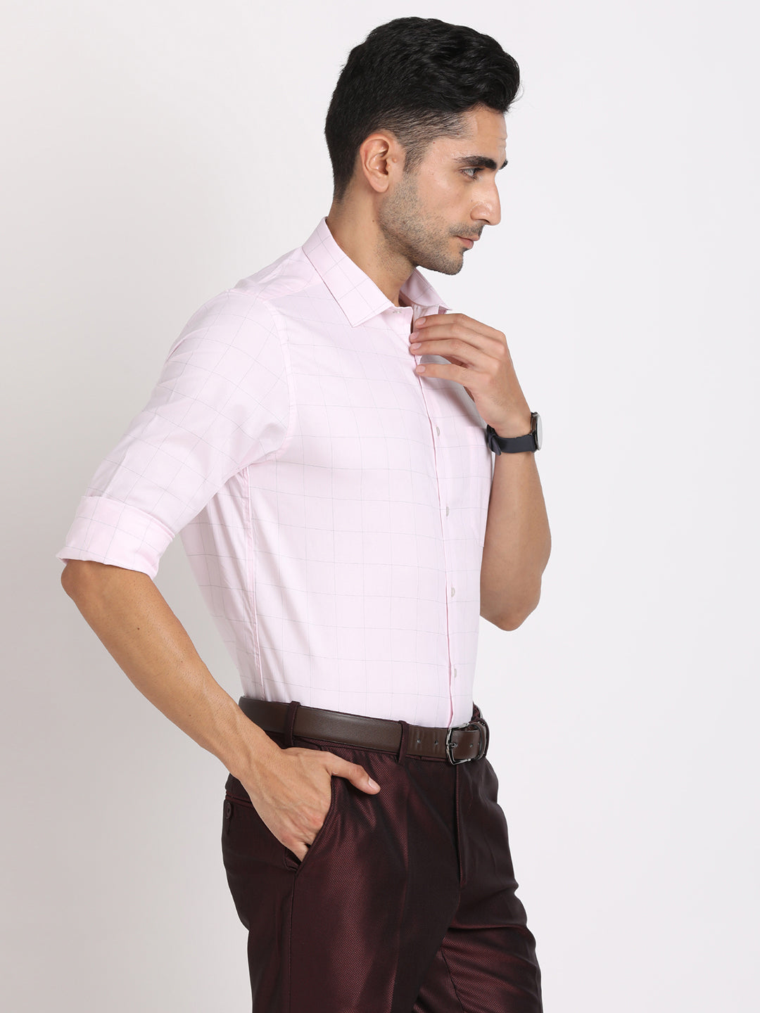 100% Cotton Light Pink Checkered Slim Fit Full Sleeve Formal Shirt