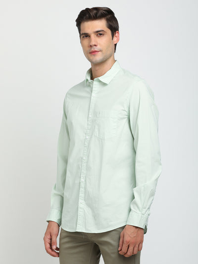 Cotton Stretch Pista Green Plain Slim Fit Full Sleeve Casual Shirt