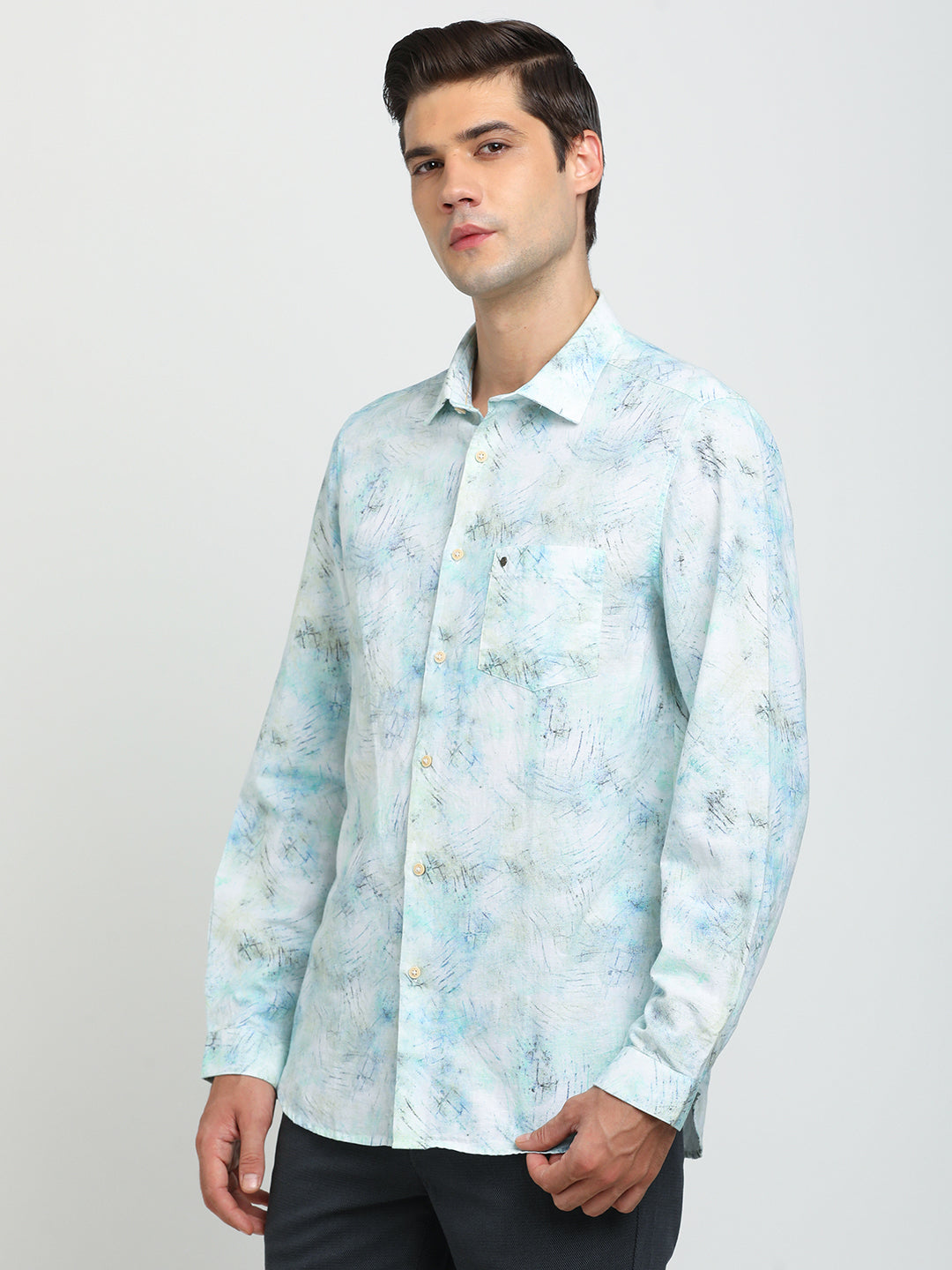 Cotton Linen Sky Blue Printed Slim Fit Full Sleeve Casual Shirt