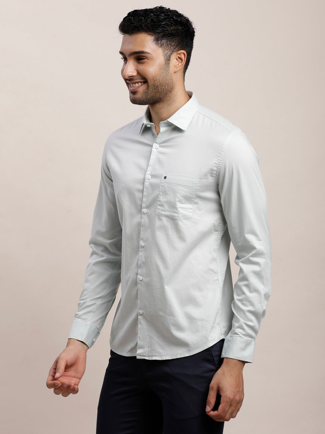 Cotton Stretch Grey Plain Slim Fit Full Sleeve Casual Shirt