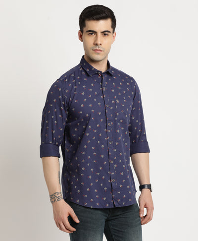 100% Cotton Navy Blue Printed Slim Fit Full Sleeve Casual Shirt