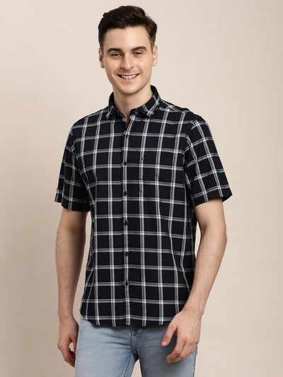 100% Cotton Blue Checkered Slim Fit Half Sleeve Casual Shirt