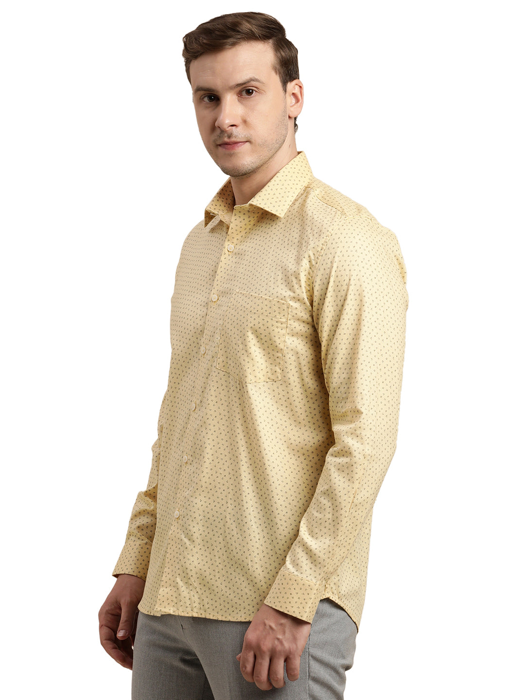 100% Cotton Yellow Printed Slim Fit Full Sleeve Formal Shirt