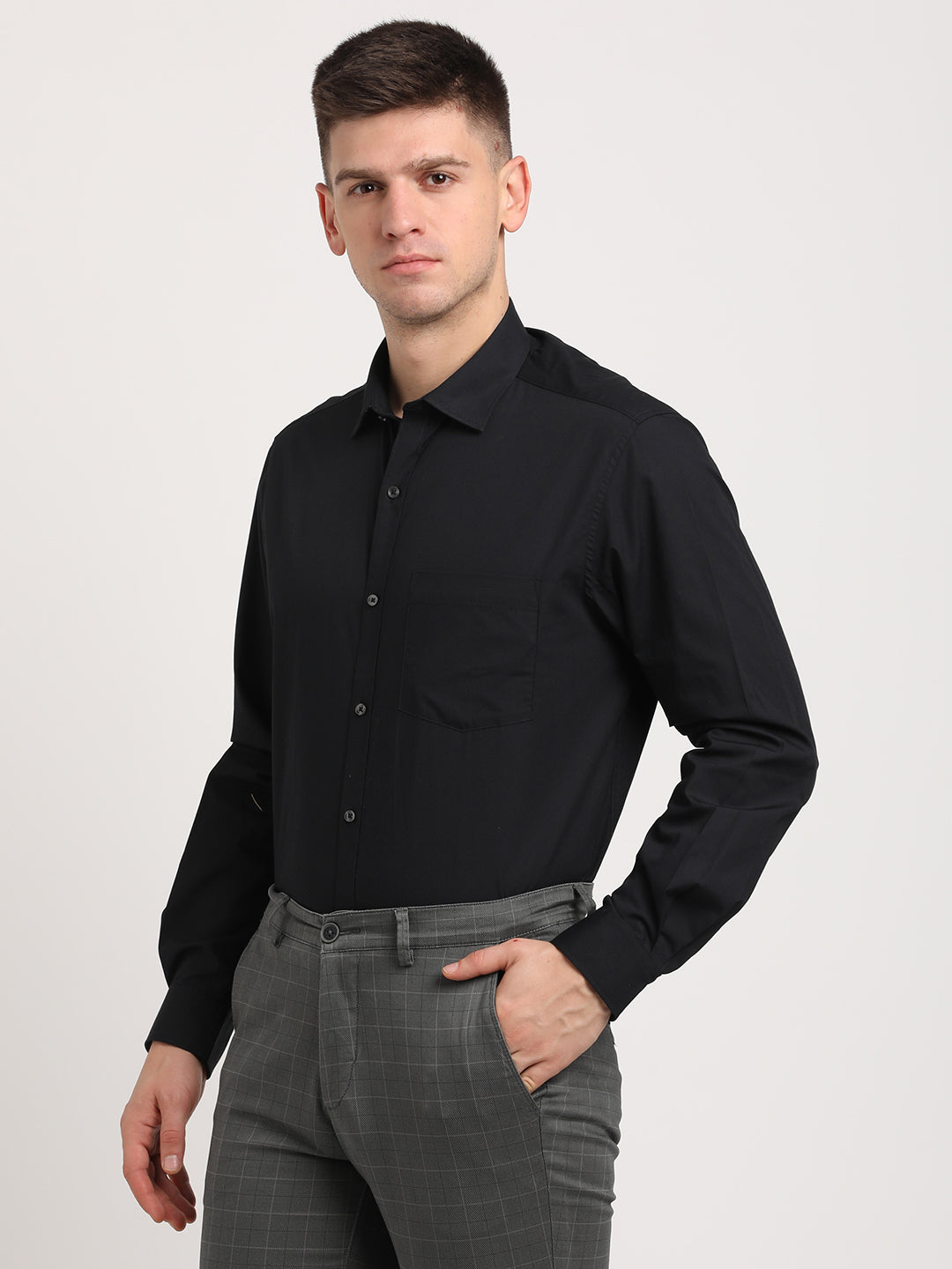 100% Cotton Black Plain Regular Fit Full Sleeve Formal Shirt