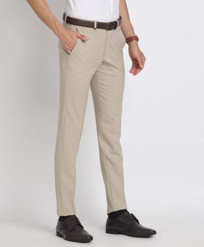 Cotton Stretch Beige Checkered Ultra Slim Fit Flat Front Formal Trouser