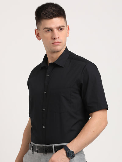 100% Cotton Black Plain Regular Fit Half Sleeve Formal Shirt