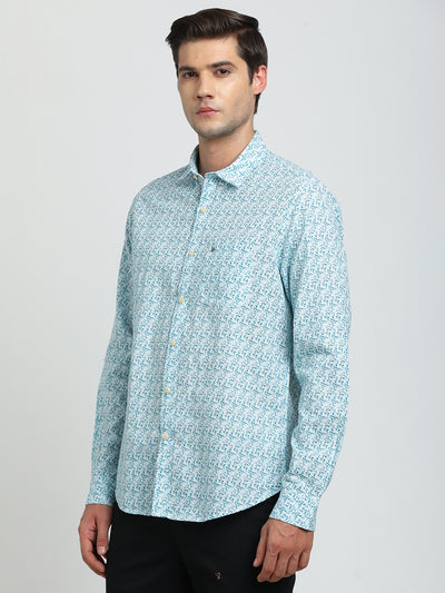 Cotton Linen Sea Blue Printed Slim Fit Full Sleeve Casual Shirt