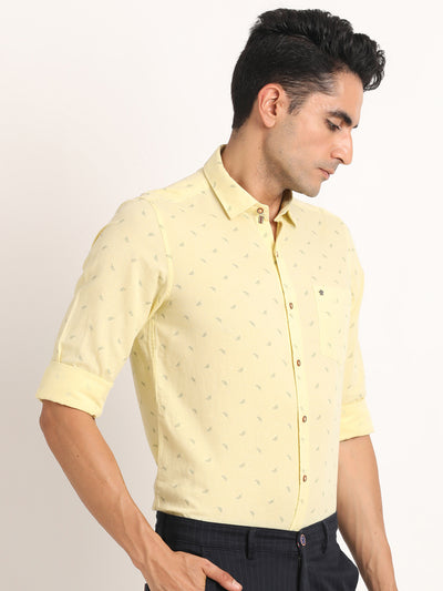 Cotton Linen Light Yellow Printed Slim Fit Full Sleeve Casual Shirt