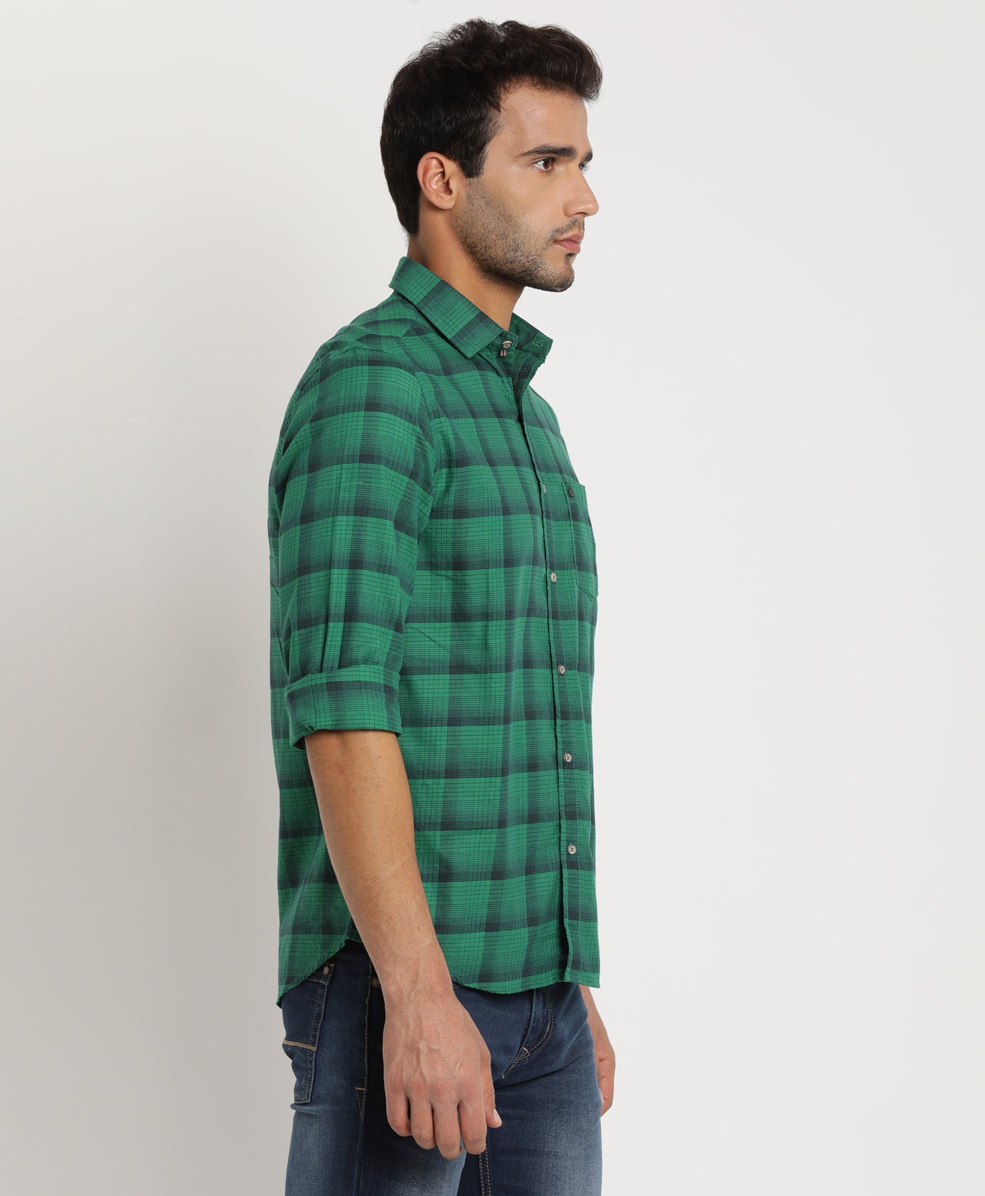 100% Cotton Green Checkered Slim Fit Full Sleeve Casual Shirt