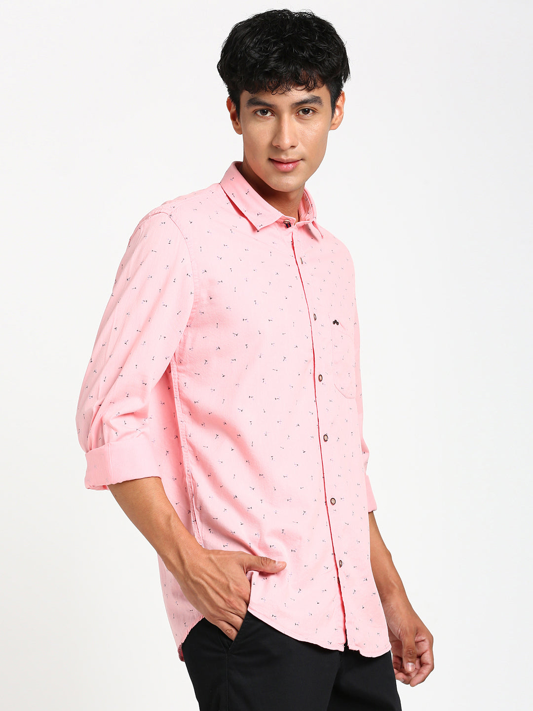 Cotton Tencel Peach Printed Slim Fit Full Sleeve Casual Shirt