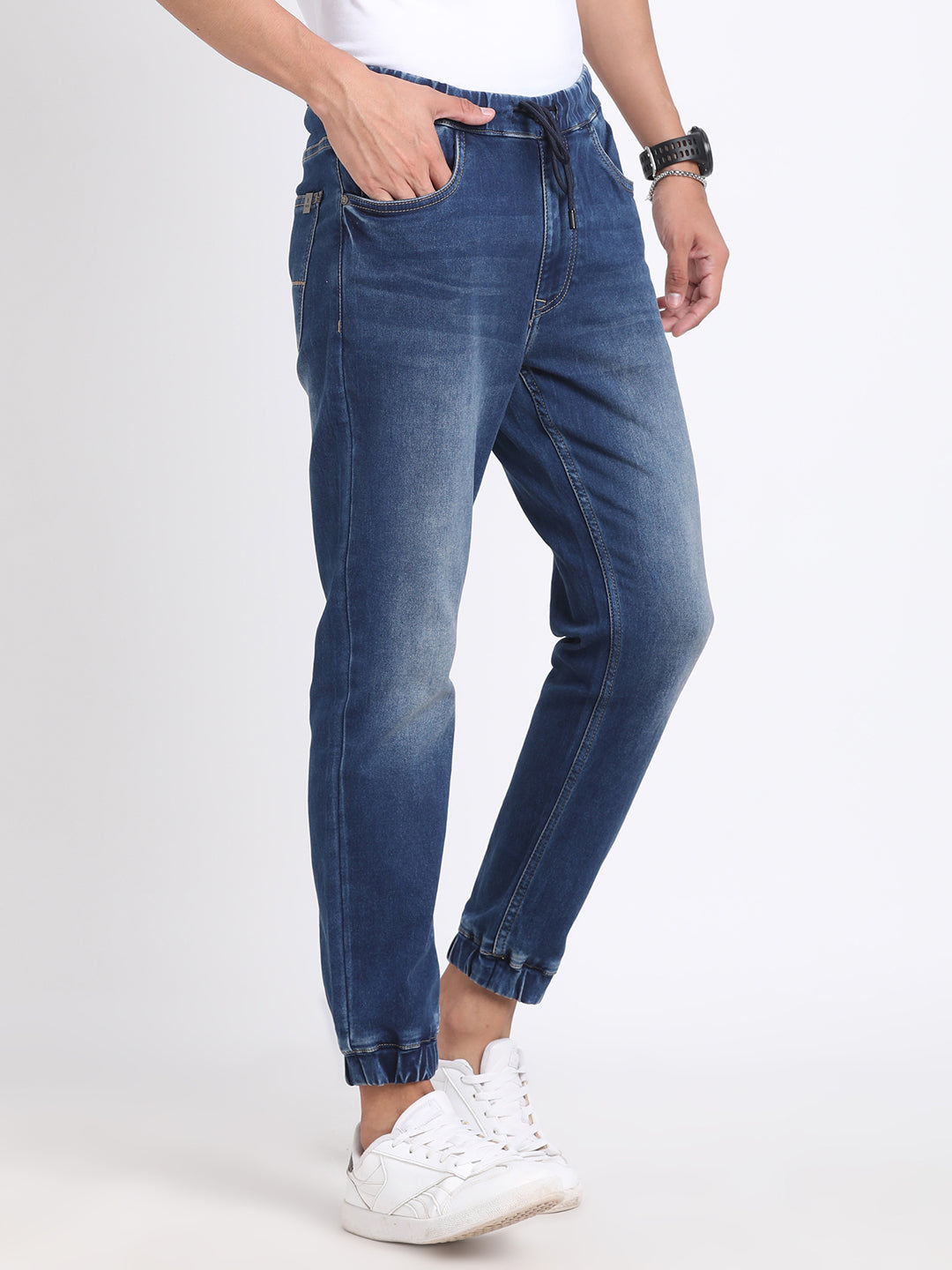 Cotton Stretch Navy Blue Plain Flat Front Casual Jogger Jeans