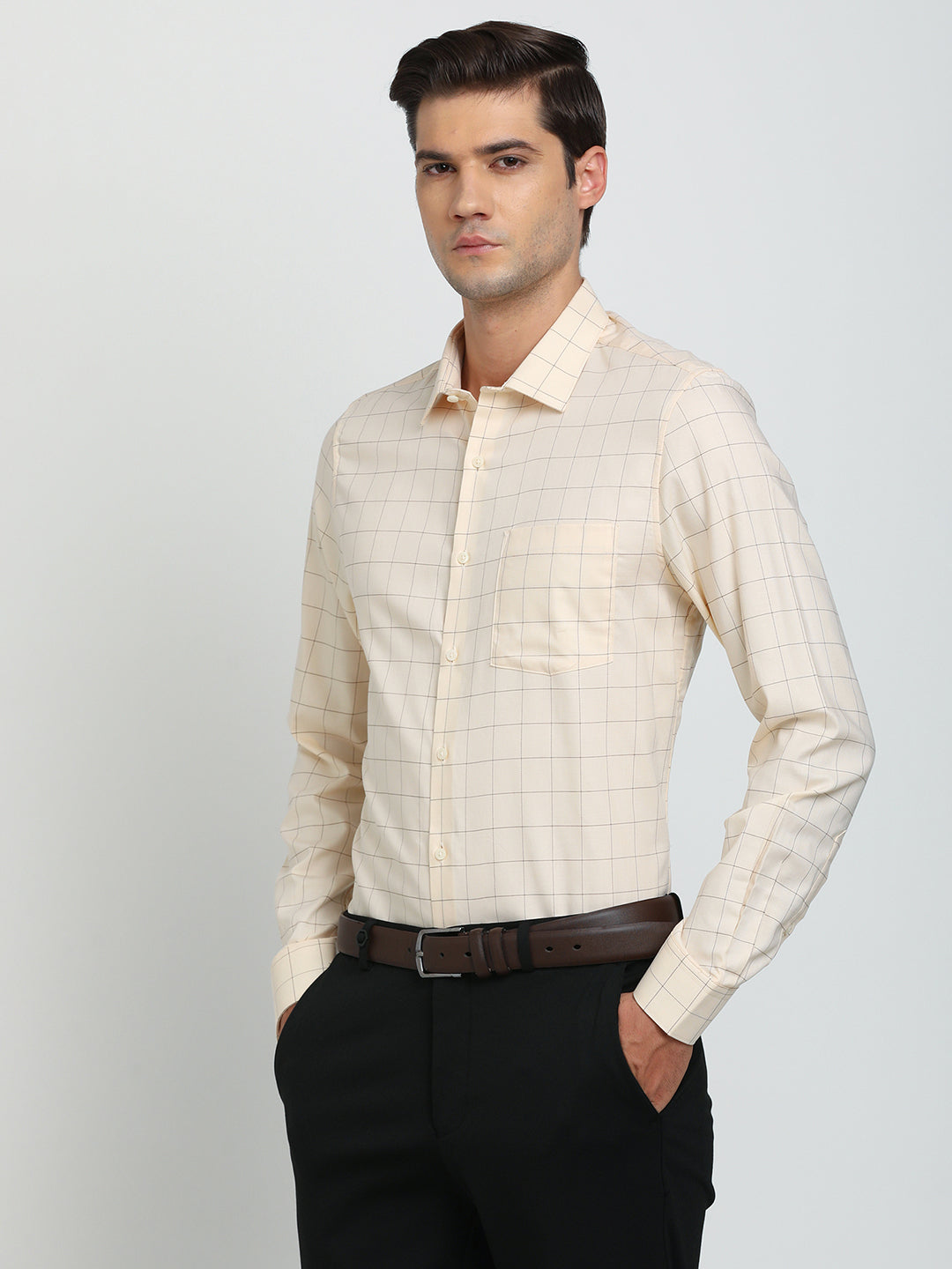 100% Cotton Light Yellow Checkered Slim Fit Full Sleeve Formal Shirt