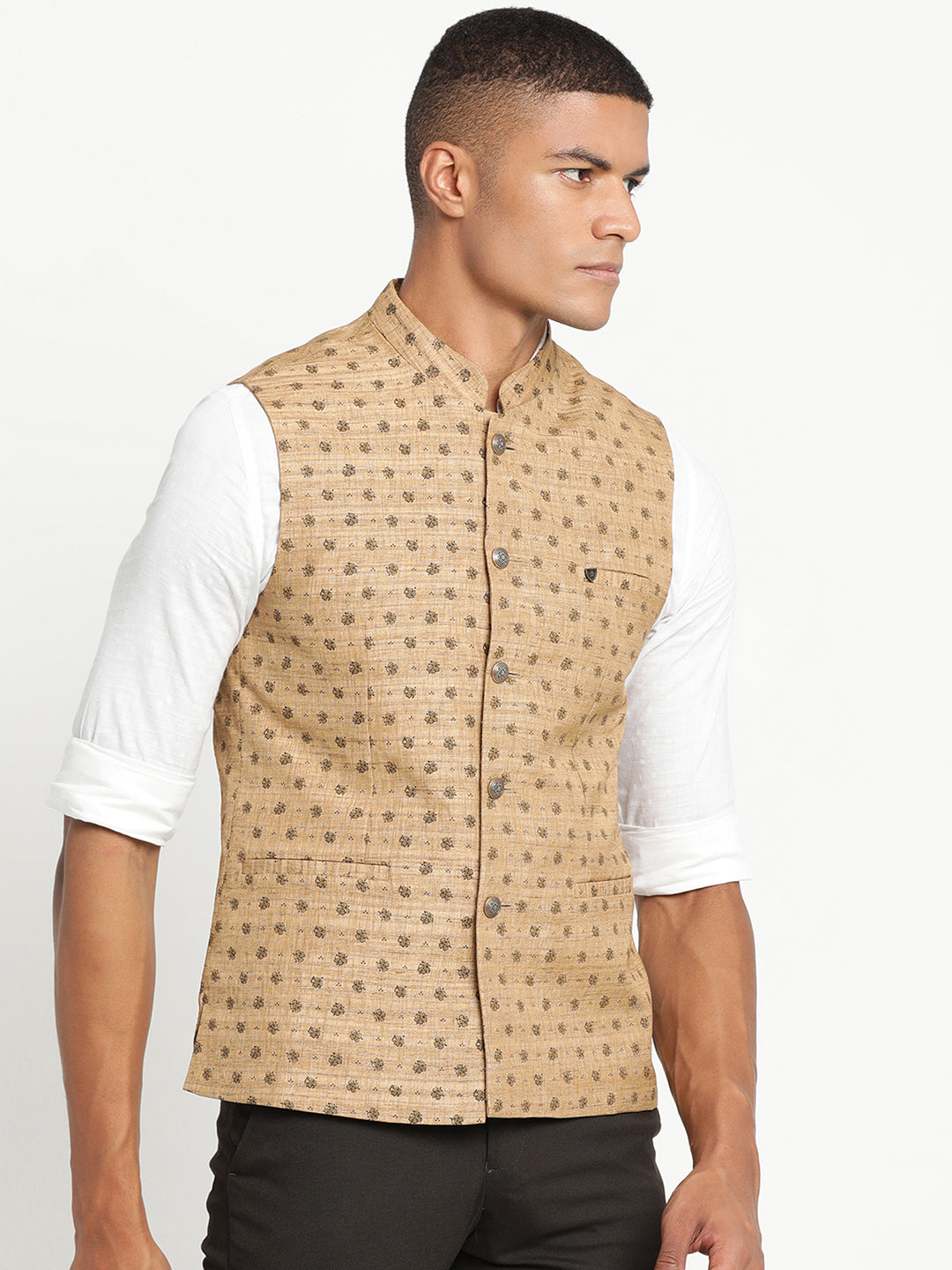 Turtle Men Khaki Self Design Nehru Jacket