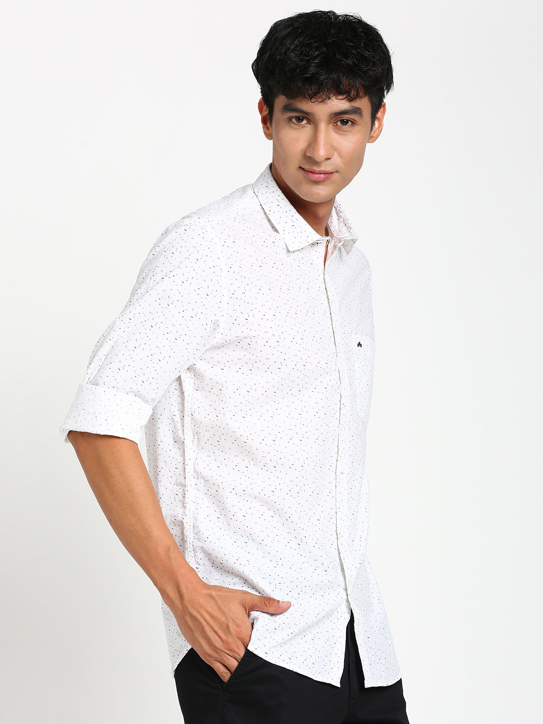 100% Cotton White Printed Slim Fit Full Sleeve Casual Shirt