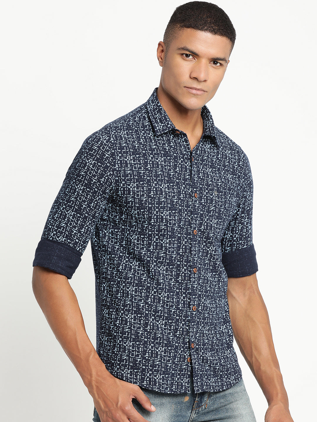 Khadi Navy Blue Printed Slim Fit Full Sleeve Casual Shirt