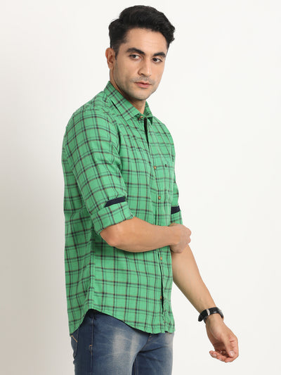 Cotton Viscose Green Checkered Slim Fit Full Sleeve Casual Shirt