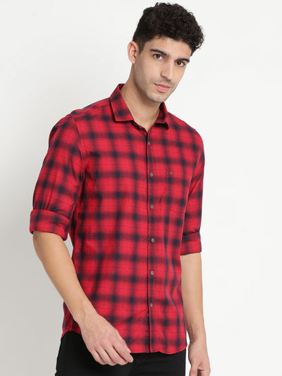 100% Cotton Red Checkered Slim Fit Full Sleeve Casual Shirt