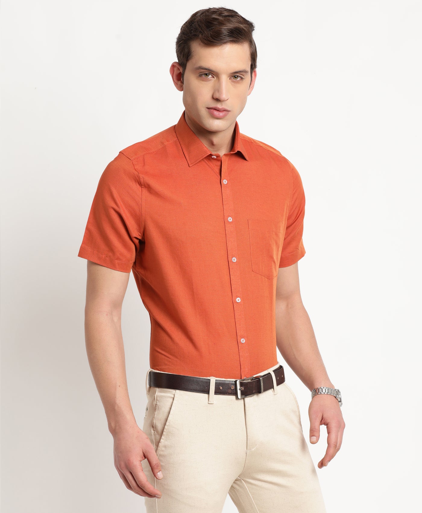 Cotton Linen Rust Plain Regular Fit Half Sleeve Formal Shirt