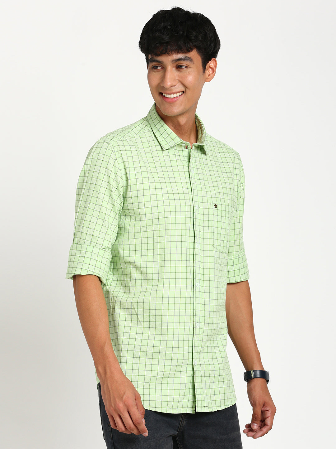 100% Cotton Green Checkered Slim Fit Full Sleeve Casual Shirt