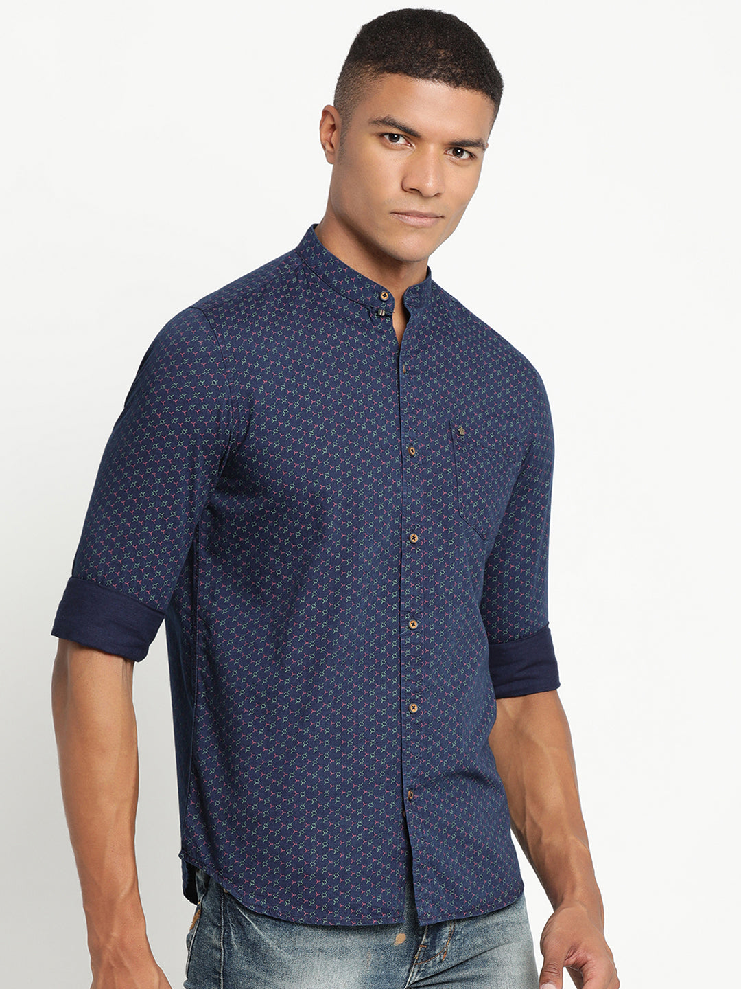 Turtle Men Navy Blue Cotton Checked Slim Fit Casual Shirts