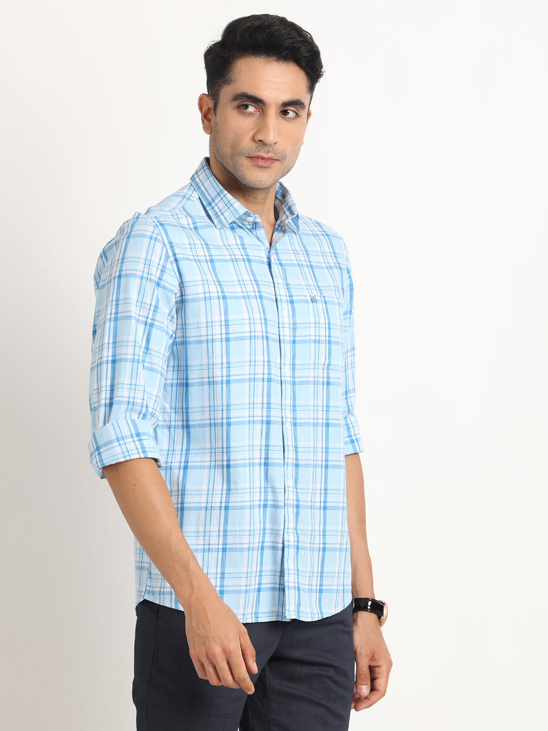 Cotton Blue Checkered Full Sleeve Casual Shirt