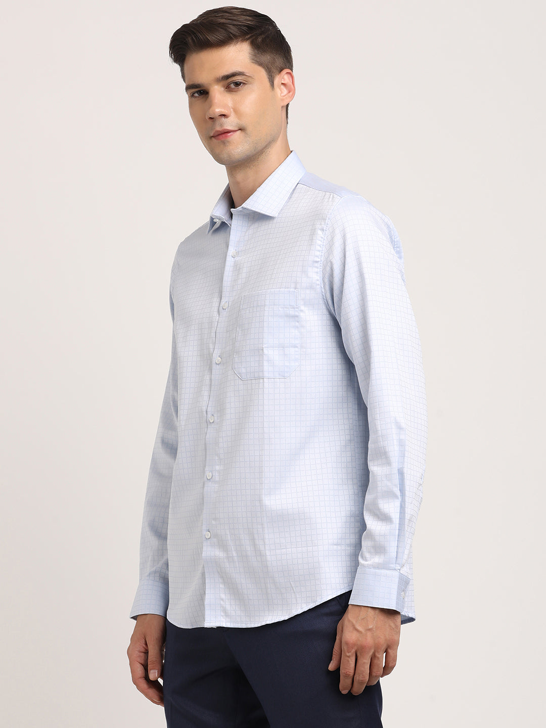 100% Cotton Light Blue Checkered Slim Fit Full Sleeve Formal Shirt