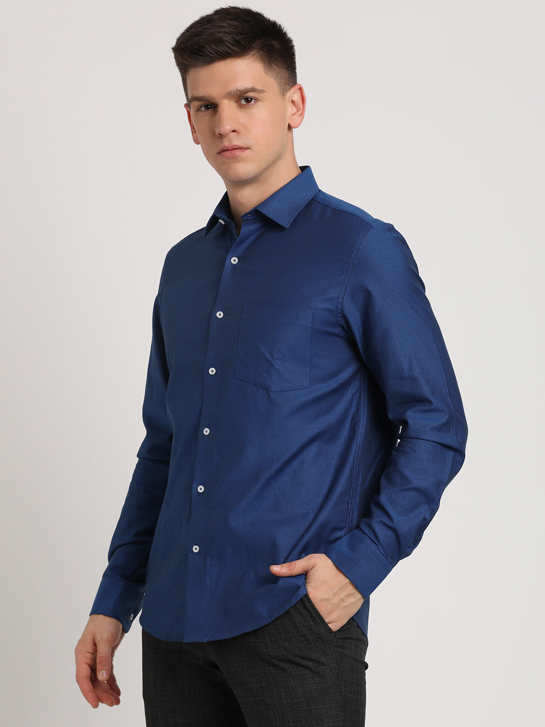 100% Cotton Indigo Blue Dobby Slim Fit Full Sleeve Formal Shirt