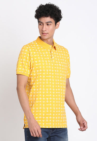 Cotton Stretch Yellow Printed Polo Neck Half Sleeve Casual T-Shirt