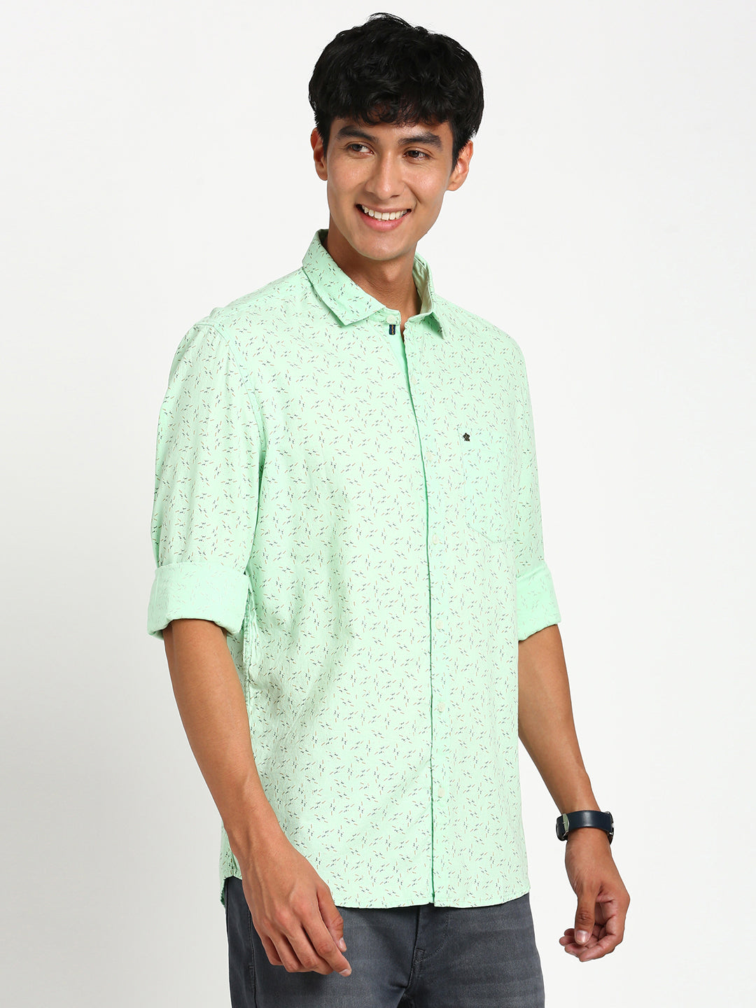 100% Cotton Green Printed Slim Fit Full Sleeve Casual Shirt