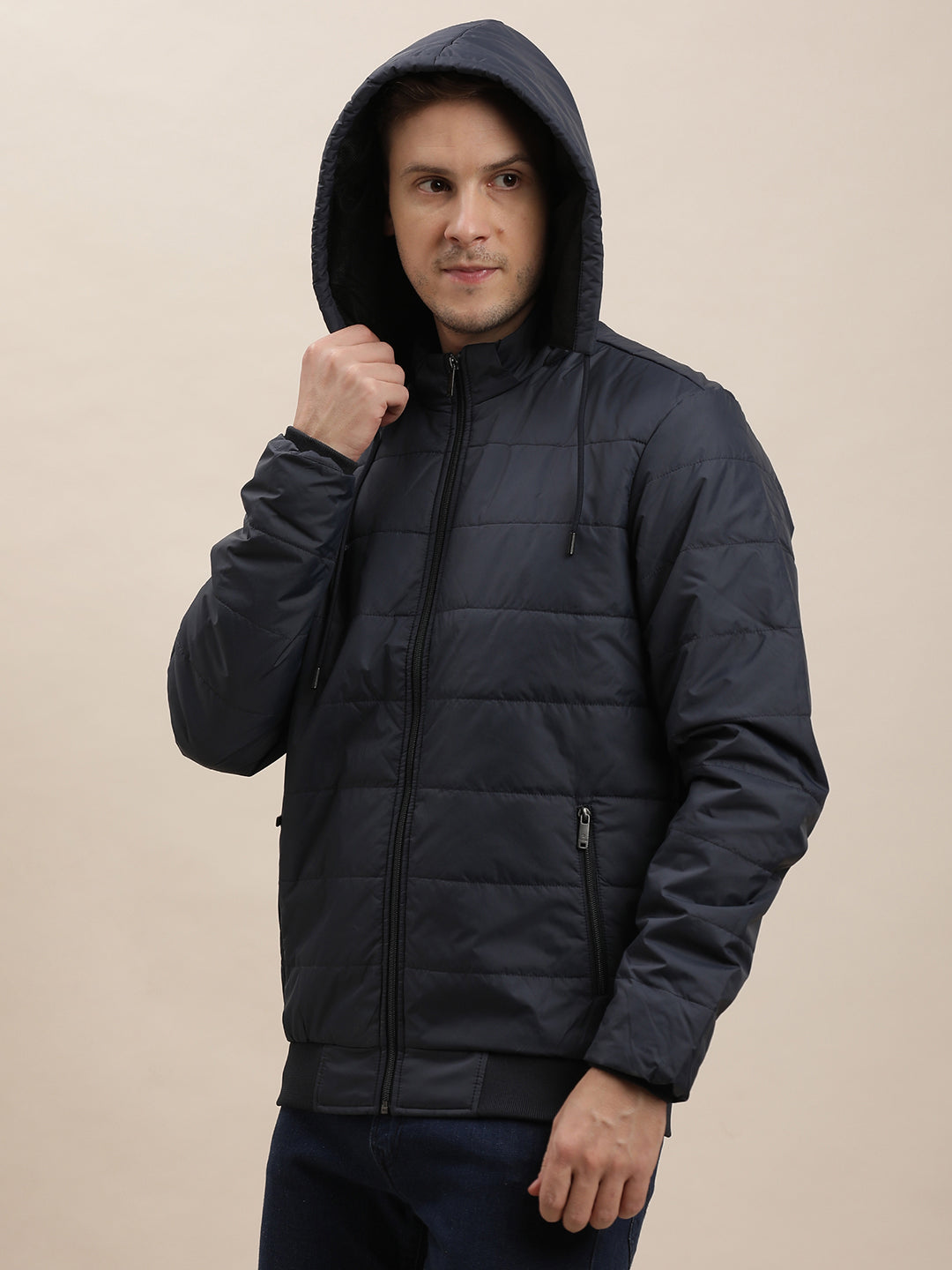 Nylon Solid Navy Zipper Hooded Windcheater Jacket