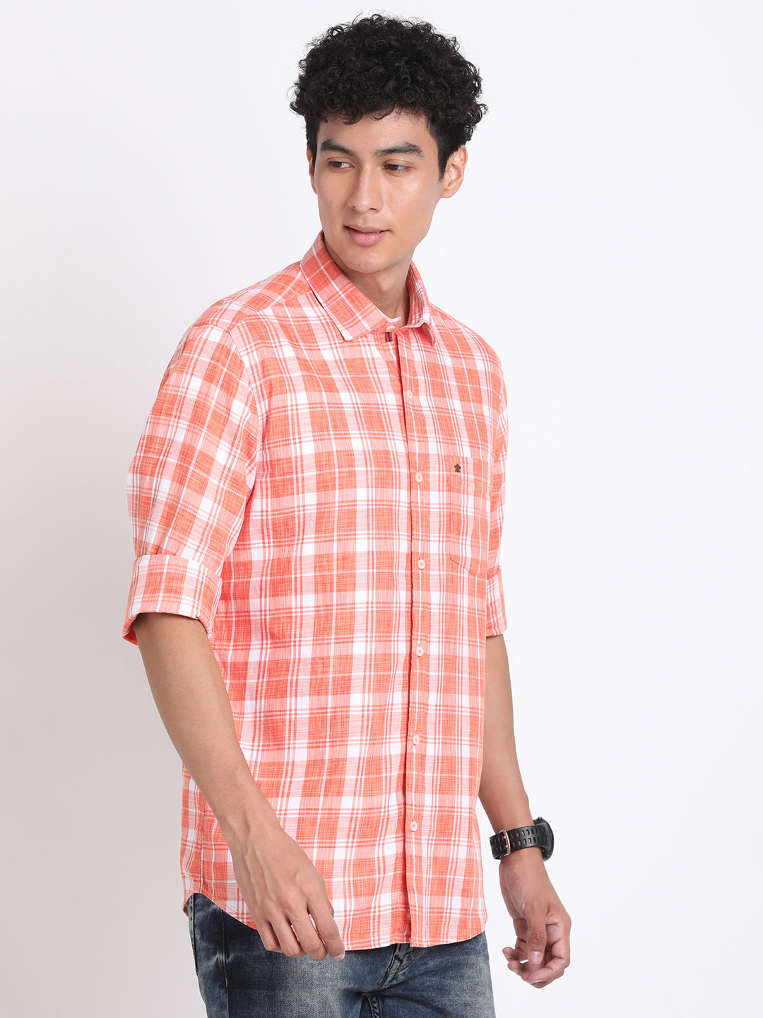 100% Cotton Orange Checkered Slim Fit Full Sleeve Casual Shirt