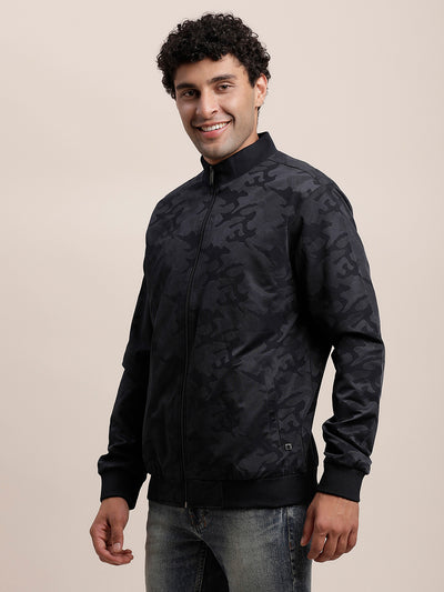 Knitted Black Printed Regular Fit Full Sleeve Casual Windcheater