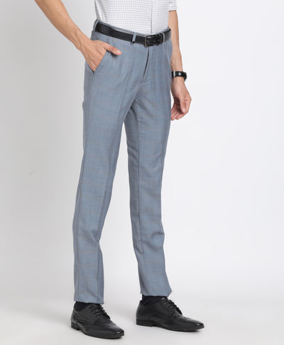 Terry Rayon Grey Checkered Slim Fit Flat Front Formal Trouser