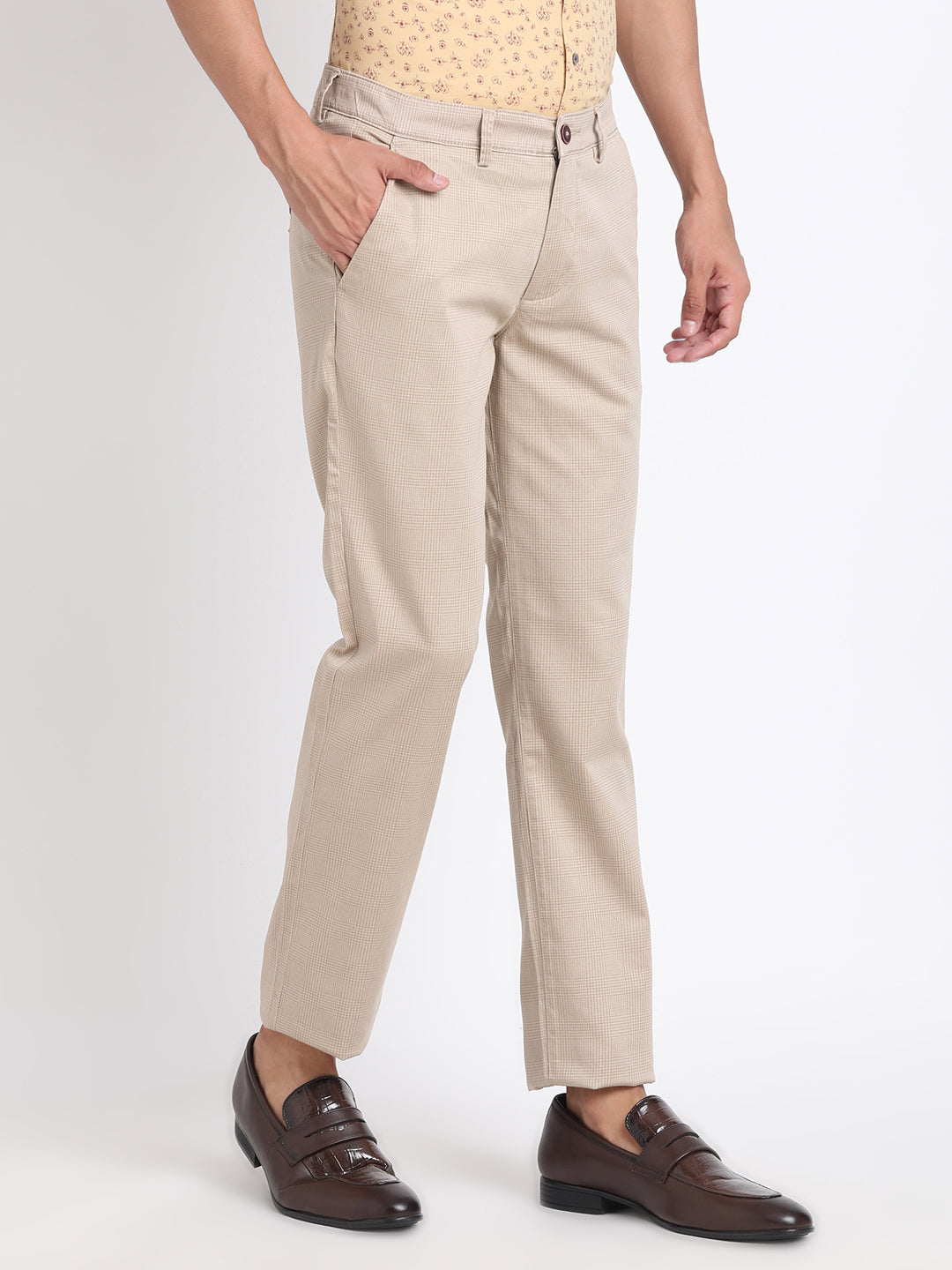 Cotton Stretch Beige Printed Ultra Slim Fit Flat Front Casual Trouser