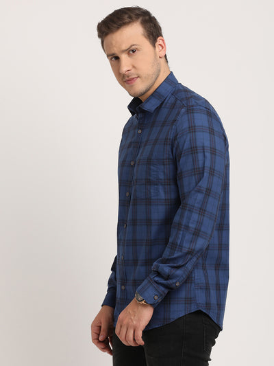 100% Cotton Blue Checkered Slim Fit Full Sleeve Casual Shirt