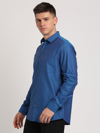 100% Cotton Blue Dobby Slim Fit Full Sleeve Formal Shirt