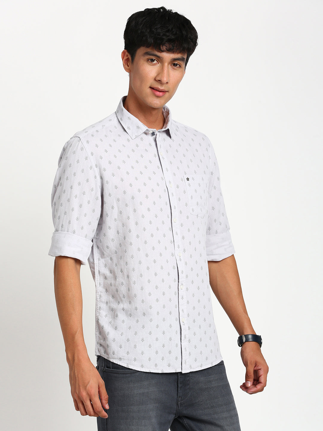 Cotton Linen Grey Printed Slim Fit Full Sleeve Casual Shirt