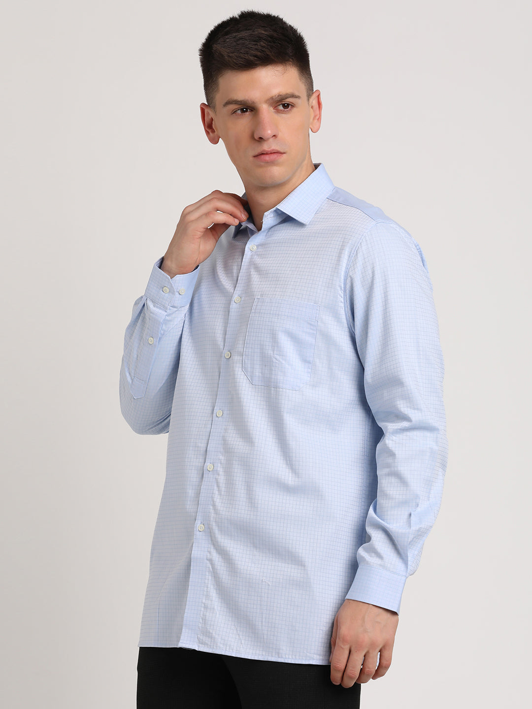 Giza Cotton Light Blue Checkered Regular Fit Full Sleeve Formal Shirt