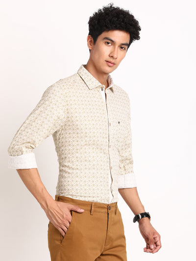 100% Cotton Off White Printed Slim Fit Full Sleeve Casual Shirt