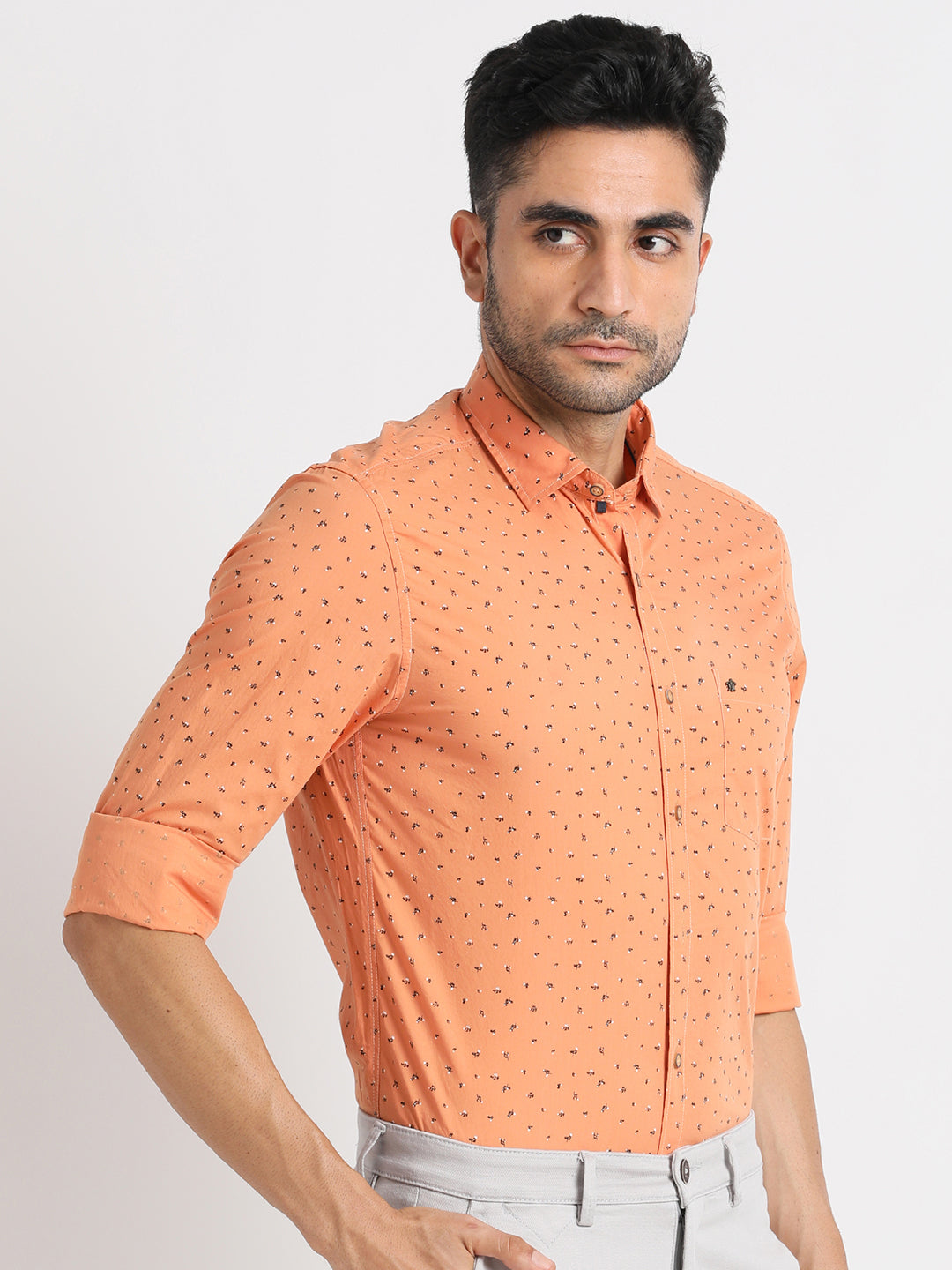 100% Cotton Orange Printed Slim Fit Full Sleeve Casual Shirt