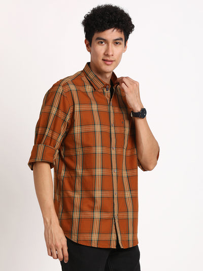 100% Cotton Brown Checkered Slim Fit Full Sleeve Casual Shirt