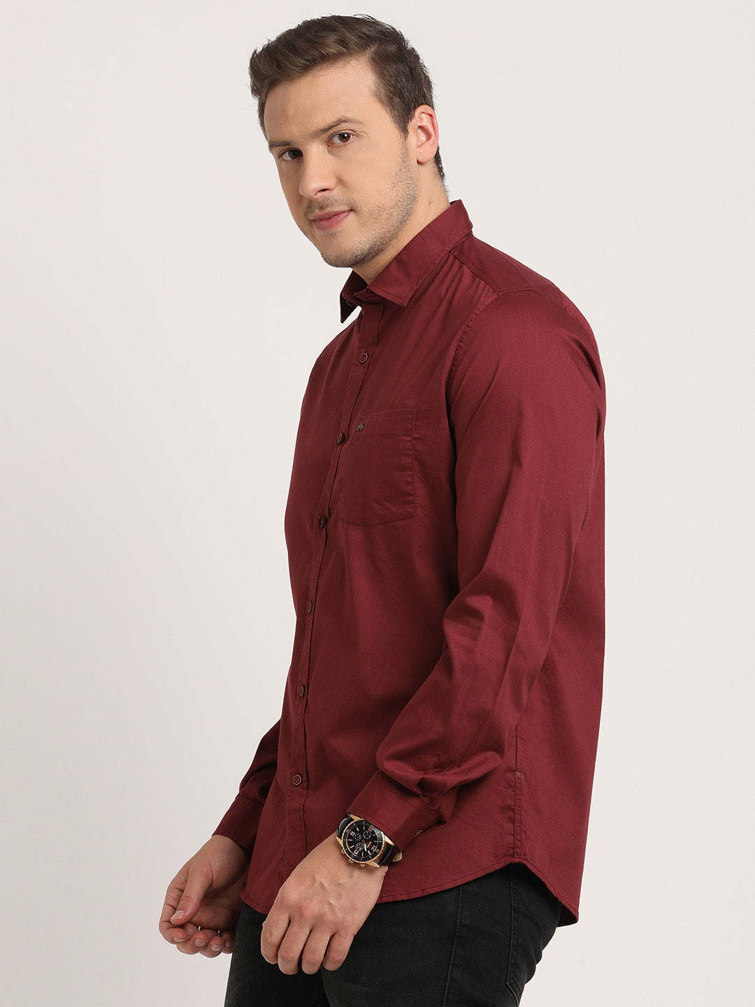 Cotton Stretch Maroon Plain Slim Fit Full Sleeve Casual Shirt