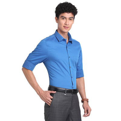 Turtle Men Giza Cotton Blue Self Design Slim Fit Formal Shirts