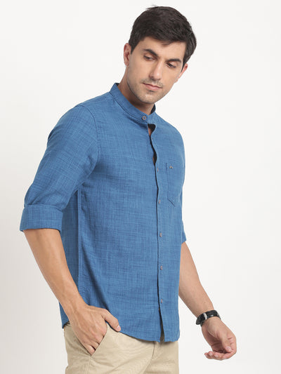 Cotton Lyocell Blue Plain Slim Fit Mandarin Collar Casual Shirt